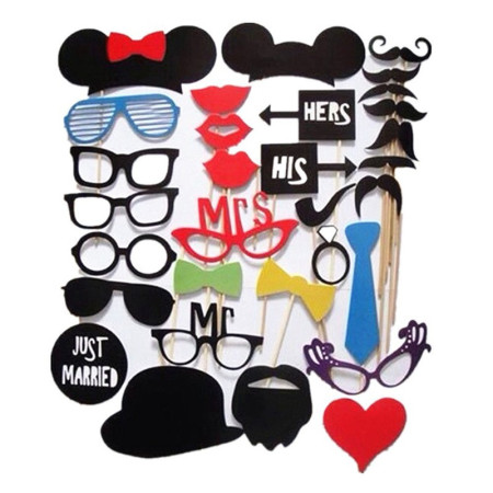 Set 31 de Accesorii pentru Petrecere, Cyrax, Props pentru Coltul de Poze, Ochelari, Palarii, Mustata, Cravata, Tematica Nunta, Multicolor