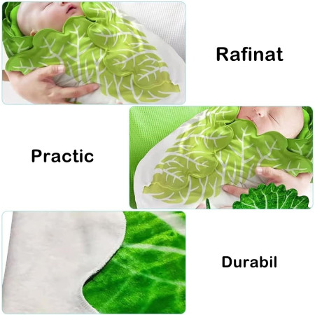 Set patura flanel si caciula  forma frunza de salata, pentru nou-nascuti, material poliester, 85 cm, verde