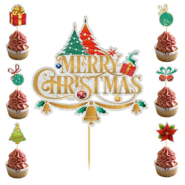Set Toppere pentru Tort si Prajituri, Cyrax, Tematica Craciun, Model Mare Scris Merry Christmas 15.5x14.3 cm, 6 Toppere Mici Modele Variate 5x5 cm, Multicolor