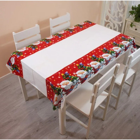 Fata de masa dreptunghiulara  PVC, 2.5 mm grosime, imprimeu Mos Craciun cu iepuras, potrivit pentru Craciun, utilizare multipla, 180 x 108 cm, alb