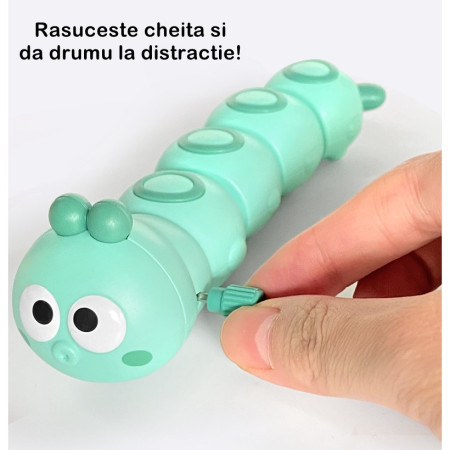 Jucarie mecanica pentru copii Cyrax, omida haioasa, cu cheita, distractiva, se taraste, se misca, 15 x 4 cm, verde