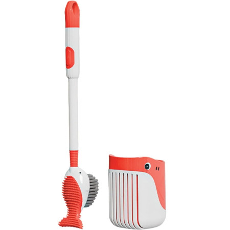 Perie de Toaleta,  cu Suport de Perete, Recipient Detergent, 2 Tipuri de Perii, Model Balena, Rosu
