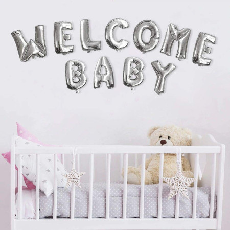 Set Baloane din Folie Metalizata, Cyrax, Figurine Litere, Model Welcome Baby, Tema Aniversare, 40 cm, Ambalaj Individual, Pai inclus, Umflare cu Aer sau Heliu, Argintiu