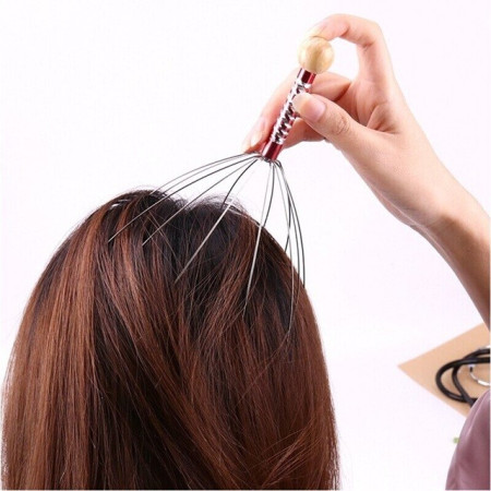 Dispozitiv Masaj Capilar, Cyrax, Tip Caracatita, 12 Brate din Otel Inoxidabil, Maner din Lemn, Stimulare Circulatie Sanguina, Accelerarea Cresterii Parului, Anti-Stres, Multicolor