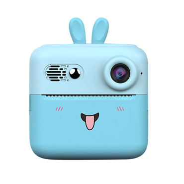 Set Camera Instantanee pentru Copii, Cyrax, Ecran HD 2.4'', 24MP, 720P Video, 1200 mAh, cu Functie de Printare Alb-Negru, cablu USB-C, Bluetooth, Compatibil iOS/Android, Imprimare APP, Model Iepure, Albastru