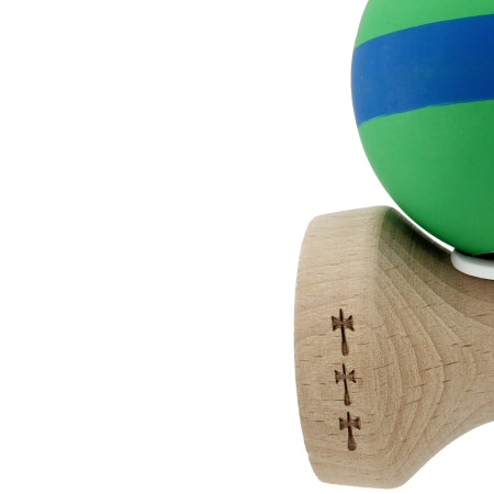 Kendama X Originala, Profesionala, Cyrax, Cupe Mari KING SIZE V3, Rubber Grip, Gaura in Baza, Rulment Metalic, din lemn 18 cm, Ata 62/65 cm, M Verde/Albastru/Verde