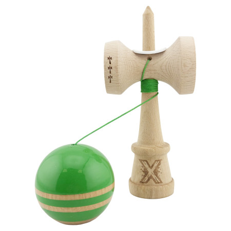 Kendama X Originala RAINBOW, Profesionala, Cyrax, Cupe Mari KING SIZE V3, Super Sticky, Gaura in Baza, Rulment Metalic, din lemn 18 cm, Ata 55 cm, Verde/Maro
