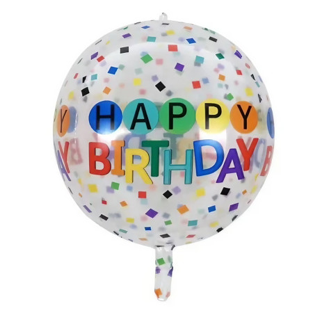 Balon din Folie Metalizata, Cyrax, Figurine 4D, Model Happy Birthday, Tematica Aniversara Bombonele, 63x24 cm, Ambalaj Individual, Pai Inclus, Umflare cu Aer sau Heliu, Alb-Multicolor