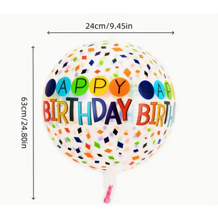 Balon din Folie Metalizata, Cyrax, Figurine 4D, Model Happy Birthday, Tematica Aniversara Bombonele, 63x24 cm, Ambalaj Individual, Pai Inclus, Umflare cu Aer sau Heliu, Alb-Multicolor
