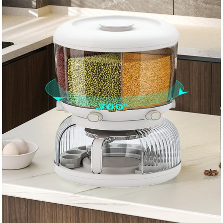 Dozator etajat de cereale Cyrax, rotativ 360, 6 compartimente, capacitate 10L, cofrag special pentru oua, vas pentru scurgerea cerealelor, 35x27.5 cm, alb