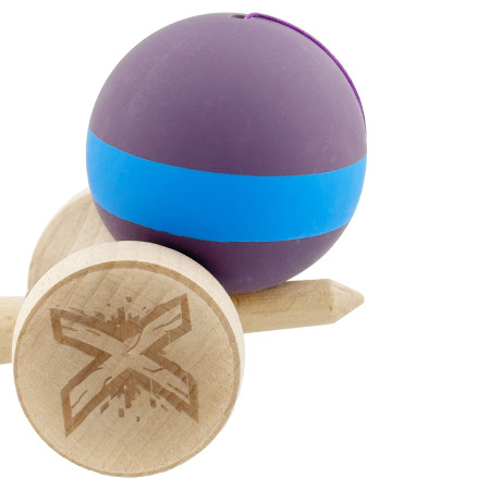 Kendama X Originala, Profesionala, Cyrax, Cupe Mari KING SIZE V3, Rubber Grip, Gaura in Baza, Rulment Metalic, din lemn 18 cm, Ata 62/65 cm, M Mov/Albastru/Mov