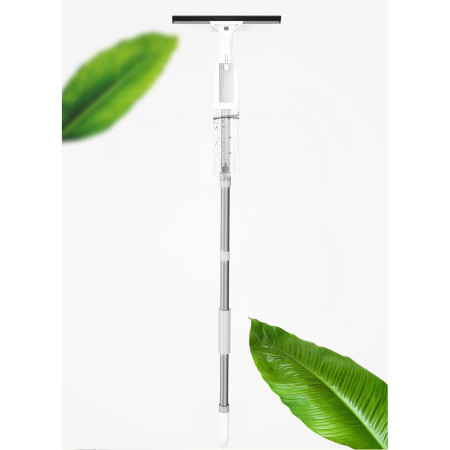 Stergator de Geamuri  cu Doua Fete, Tija Telescopica, cu Recipient de Lichid, Laveta din Microfibra, Racleta Silicon, 120 cm, Alb