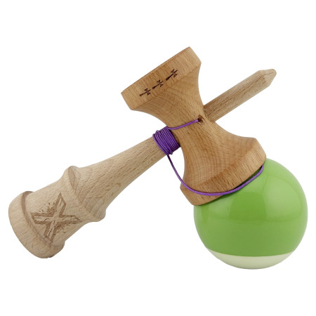 Kendama X Originala, Profesionala, Cyrax, Big Cups V2, Super Sticky cu Cupe Mari, din lemn 18 cm, Rulment Metalic cu Ata 55 cm, Verde deschis/Alb