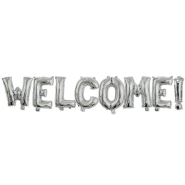 Set Baloane din Folie Metalizata, Cyrax, Model WELCOME!, Litere de 40 cm, Baloane Party, Ambalaj Individual, Pai Inclus, Umflare cu Aer sau Heliu, Argintiu