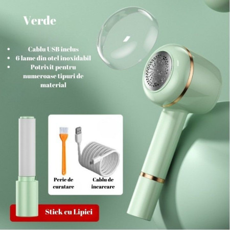 Aparat Pentru Curatat Scame, Par Si Praf,  Pentru Diferite Tipuri De Material, Cu Lame Din Otel Inoxidabil, Incarcare Prin USB Type-C, Cu Perie De Curatare, Cablu USB Si Stick Cu Lipici Incluse, Verde, 220 x 86 mm