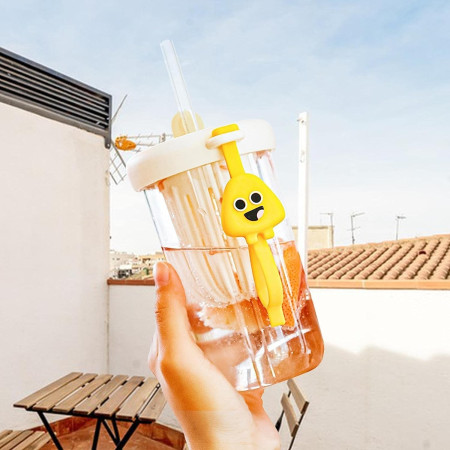 Pahar din silicon, cu capac si pai, pentru copii, Cyrax, anti-cadere, compartiment pentru fructe/ceai/gheata, rezistent la temperaturi inalte, 500ml, Alb, 14.5x8.8x20 cm