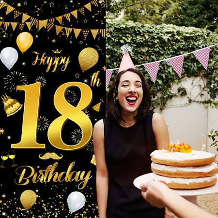 Banner pentru Petrecere, Cyrax, Model Happy Birthday, Tematica Majorat, Aniversare 18 Ani, 185x90 cm, Negru