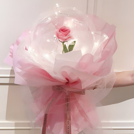 Trandafir in Balon LED cu Lumini, Cyrax, Tip Buchet, Diametru 35 cm, Roz