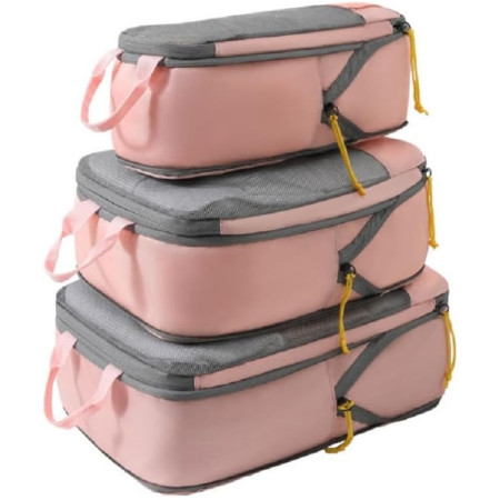 Set 3 Genti de Calatorie  Pentru Depozitare, Compresibile, 3 Dimensiuni, Mic, Mediu, Mare, Impermeabile, Fermoar Dublu, Roz