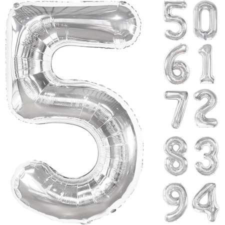 Balon din Folie Metalizata Cyrax, Figurina Cifra, Tema Aniversare 40 cm, Ambalaj Individual, Pai inclus, Umflare cu Aer sau Heliu, Argintiu, Cifra 5