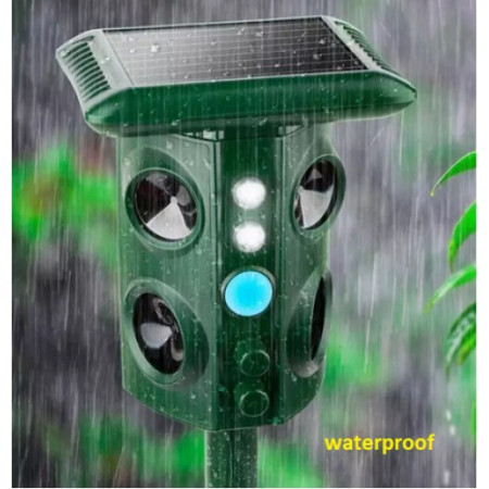 Aparat Solar LED cu Ultrasunete,  Repelent pentru Animale Mari si Mici, Lumina Rosie si Alba, Anti Rozatoare, Anti Insecte, Frecventa 13.5KHZ-45.5KHZ, Senzor PIR, 15.5 x 15.4 x 26.2 cm, Verde
