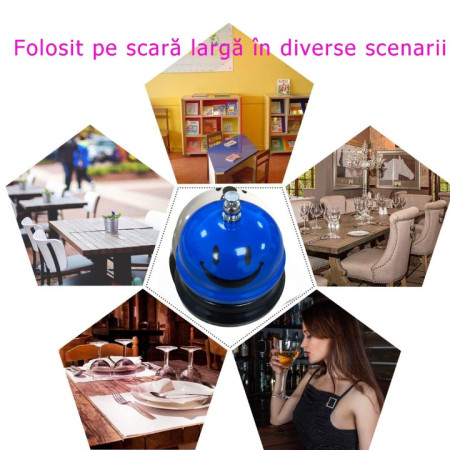 Clopotel Metalic Multifunctional, Cyrax, Albastru cu Imprimeu Smiley Face, 7.5x7.5x6.5 cm, Receptie, Restaurant, Cafenele