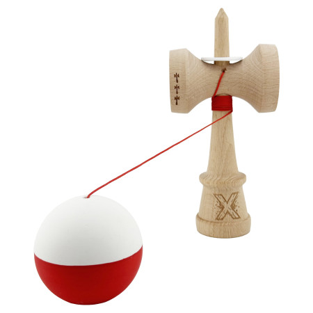 Kendama X Originala, Profesionala, Cyrax, Rubber Grip, Cupe Mari KING SIZE V3, Gaura in Baza, Rulment Metalic, din lemn 18 cm, Ata 62/65 cm, Bicolor Alb/Rosu