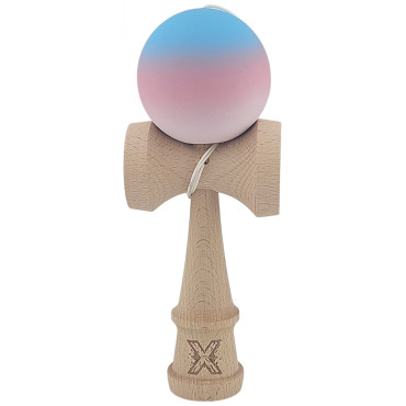 Kendama X Originala, Profesionala, Cyrax, din Lemn, Rubber Grip, 18 cm, Gradient Albastru/Roz/Alb