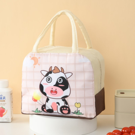 Geanta Termoizolanta pentru Copii, Cyrax, 23x13x19 cm, Model Imprimeu Vacuta, din Folie de Aluminiu si Panza Oxford, Bej