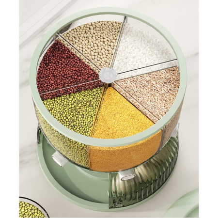 Dozator Etajat de Cereale Cyrax, Rotativ 360, 6 Compartimente, Capacitate 10L, Cofraj Special pentru Oua, Vas pentru Scurgerea Cerealelor, 35x27.5 cm, Verde