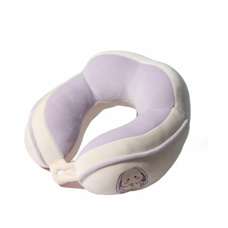 Perna de Calatorie,  Pentru Gat si Cap, Umplutura din Bumbac, 28x28x10 cm, cu Model Brodat Iepure, Lila