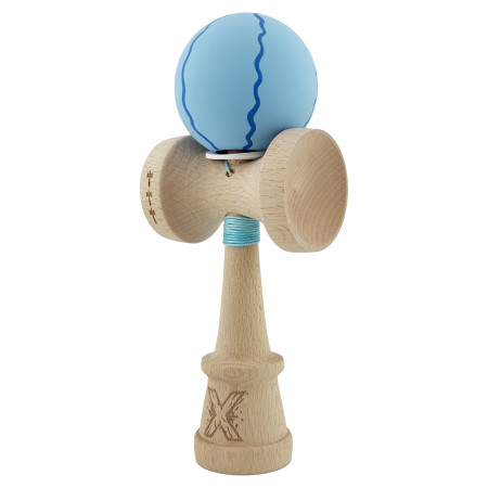 Kendama X Originala, Profesionala, Cyrax, Rubber Grip, Cupe Mari KING SIZE V3, Gaura in Baza, Rulment Metalic, din lemn 18 cm, Ata 62/65 cm, Special Albastru deschis