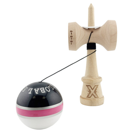 Kendama X Originala ROYAL SPIKE, Profesionala, Cyrax, Cupe Mari KING SIZE V3, Super Sticky, Gaura in Baza, Rulment Metalic, din lemn 18 cm, Ata 55 cm, Inel Roz