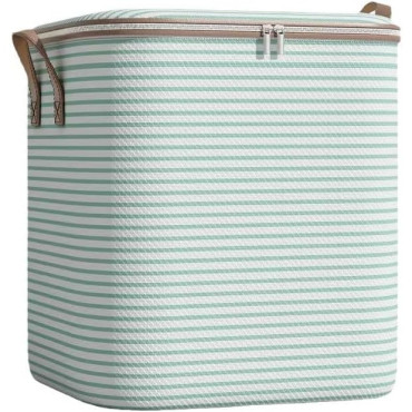Cutie de Depozitare cu Fermoar,  Pliabila, Maner Ranforsat, Fermoar Rezistent, pentru Haine, Paturi, Plapume, Perne, Lenjerii de Pat, Jucarii, 50x40x50 cm, 100 Litri, in Dungi, Verde