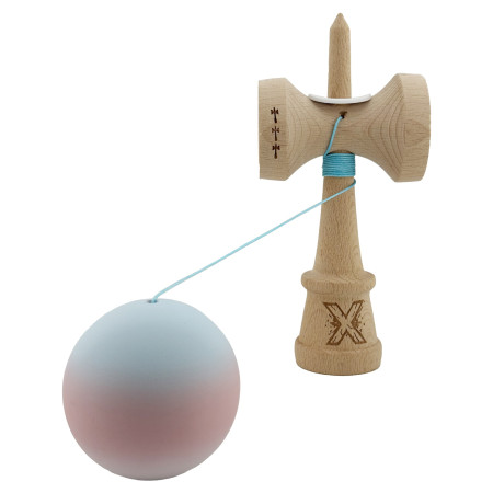 Kendama X Originala, Profesionala, Cyrax, Cupe Mari KING SIZE V3, Rubber Grip, Gaura in Baza, Rulment Metalic, din lemn 18 cm, Ata 62/65 cm, Gradient Albastru deschis/Roz/Alb