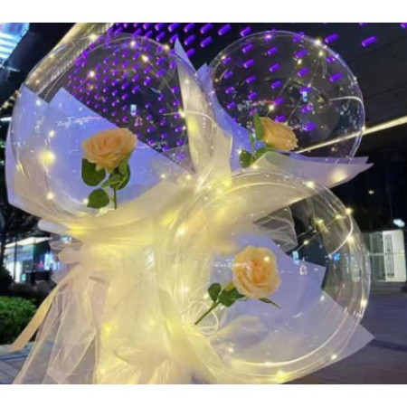 Buchet Decorativ, Cyrax, Trandafir in Balon cu Lumini Led, Diametru 35 cm, 2 x Baterii AA (neincluse), Sampanie