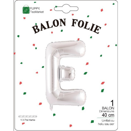 Balon Folie Metalizata Litera E, Cyrax, 40 cm, Umflati cu Heliu sau Aer, Ambalaj Individual, Pai inclus, Argintiu