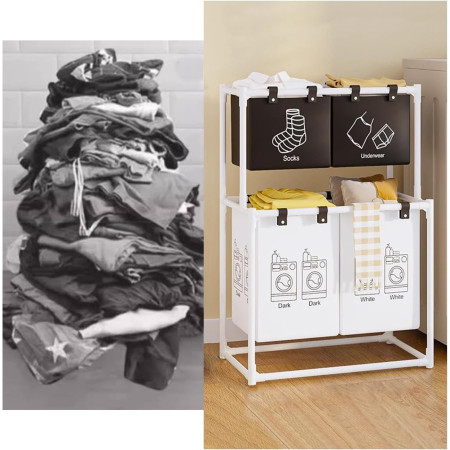 Cos de Rufe,  cu 2 Etaje, 4 Cosuri, Cadru de Otel Inoxidabil, 97x44x57 cm, Alb