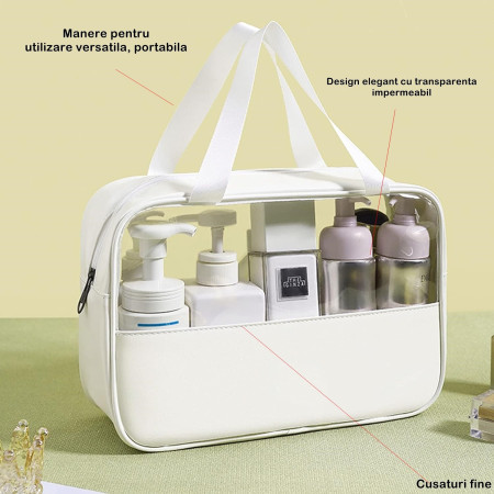 Geanta cosmetice Cyrax, pentru voiaj sau organizare, material PVC/textil, impermeabila, portabila, 30x12x21 cm, alb