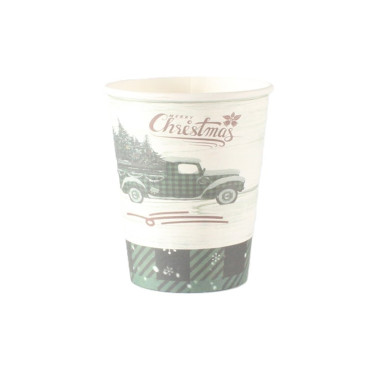 Set 10 Pahare, Cyrax, Imprimeu Masina de Craciun, din Carton, 250 - 300 ml, 7.5 x 8.4 x 5.3 cm, Multicolor
