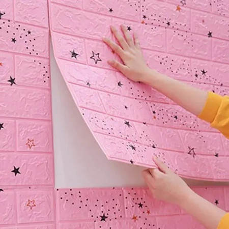 Set 10 Placi Tapet 3D,  70 x 77 cm, Grosime 3 mm, din Polietilena, Tip Caramida, Model Stele, Suprafata acoperita 5.3 mp, Roz