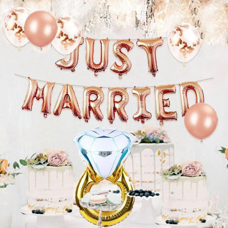 Set Baloane din Folie Metalizata, Cyrax, Model Just Married, Litere de 40 cm, Baloane Party, Ambalaj Individual, Pai, Ata si Adeziv Incluse, Umflare cu Aer sau Heliu, Roz