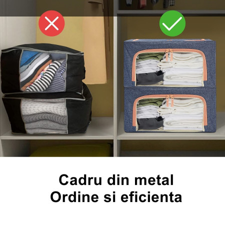 Cutie de depozitare pliabila,  Cu fermoar, 66 L, Textil, 50x40x33 cm, Albastru Marin, Cadru Metalic, Suport Baza Stabil din Plastic, Cu doua ferestre