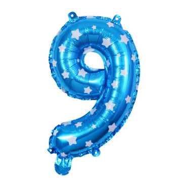 Balon din Folie Metalizata Cyrax, Figurina Cifra, Imprimeu Stele, Tema Aniversare 80 cm, Ambalaj Individual, Pai inclus, Umflare cu Aer sau Heliu, Albastru, Cifra 9
