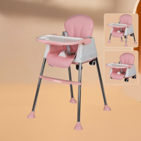 Scaun de Masa Pliabil 3in1, Cyrax, Reglabil, Multifunctional, 3 Pozitii, Masuta si Husa Detasabile, Roti, Centura de Siguranta, Ajustare Inaltime, Roz