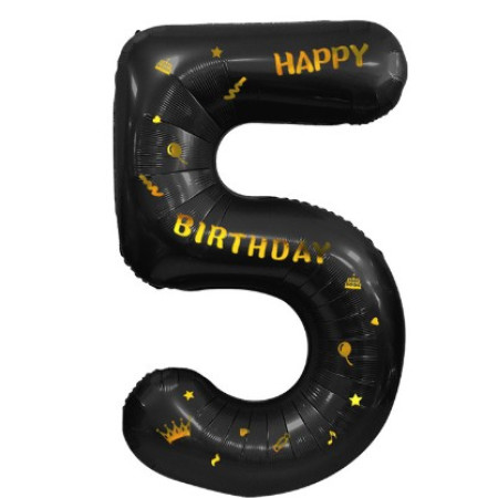 Balon din Folie Metalizata Cyrax, Figurina Cifra, Scris Happy Birthday, Tema Aniversare 100 cm, Ambalaj Individual, Pai inclus, Umflare cu Aer sau Heliu, Negru, Cifra 5