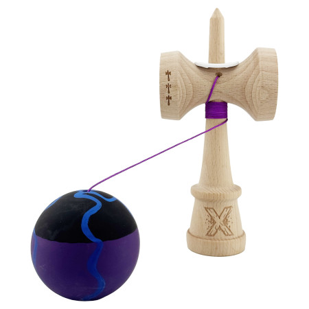 Kendama X Originala, Profesionala, Cyrax, Rubber Grip, Cupe Mari KING SIZE V3, Gaura in Baza, Rulment Metalic, din lemn 18 cm, Ata 62/65 cm, Special Negru/Mov/Albastru