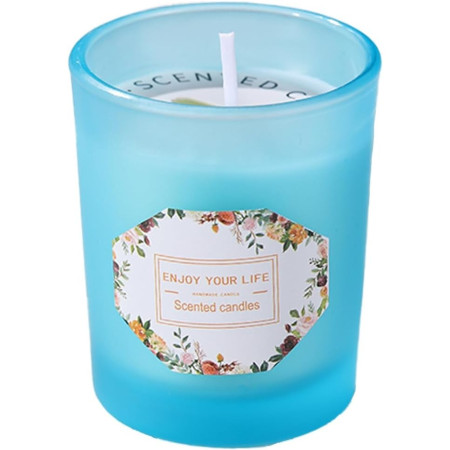 Lumanare Parfumata,  Model Pahar Albastru, Aroma de Lime si Busuioc, din Ceara de Soia, 6.2 x 5.2 cm, Albastru