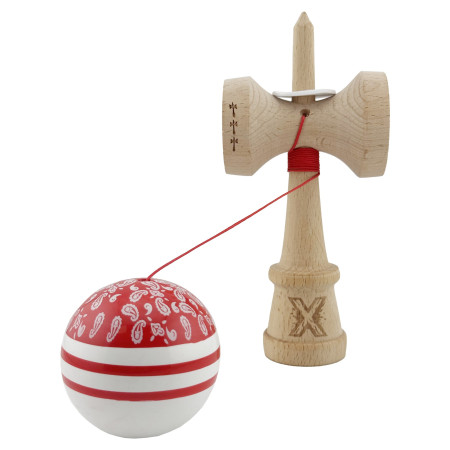 Kendama X Originala CHICANOS, Profesionala, Cyrax, Cupe Mari KING SIZE V3, Super Sticky, Gaura in Baza, Rulment Metalic, din lemn 18 cm, Ata 55 cm, Rosu/Alb