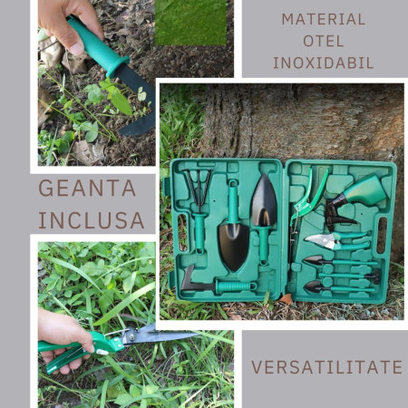 Set 10 accesorii pentru gradinarit  geanta depozitare inclusa, otel inoxidabil, 37 x 28 cm, verde